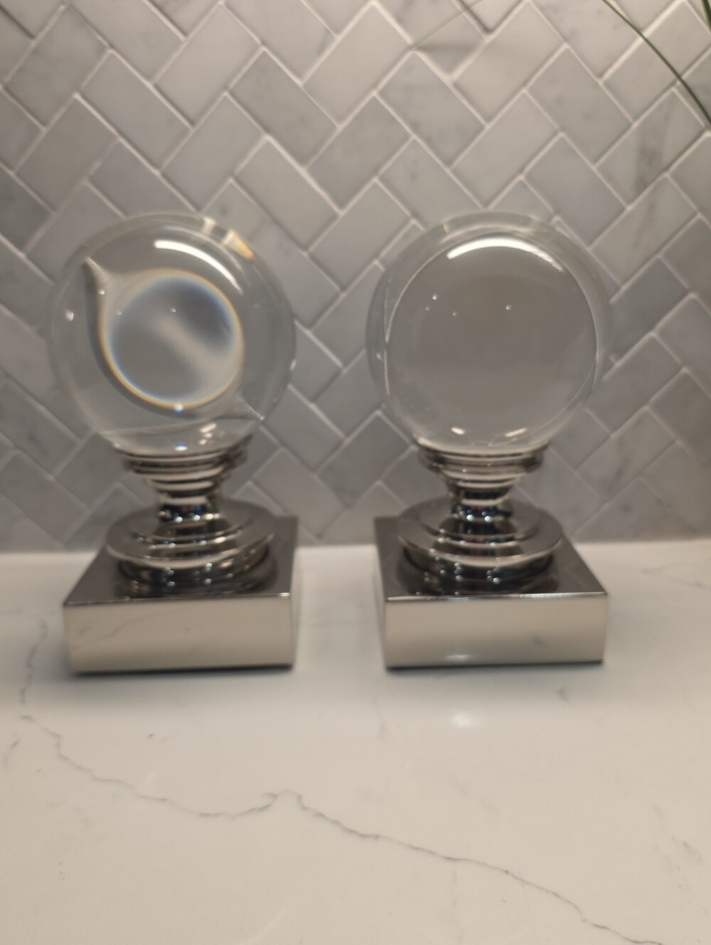 VINTAGE Restoration Hardware 7" Crystal Ball Bookends - Solid Glass & Chrome - D